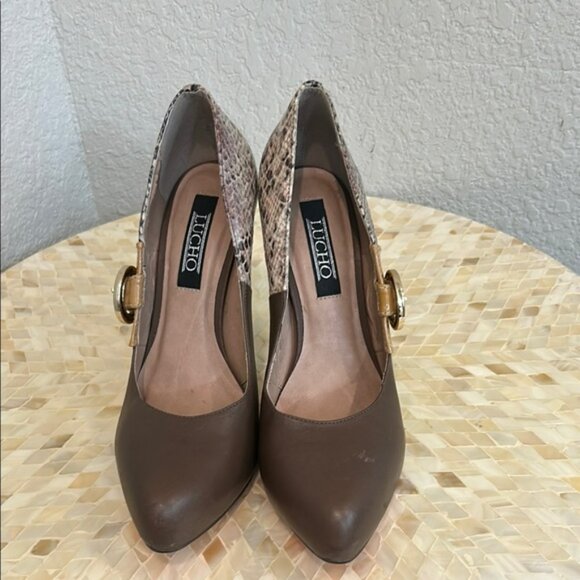 Lucho Brown and Tan Heels with Snake Print size 9 - Picture 2 of 5